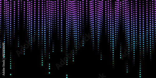 Abstract gradient pattern of vertical dotted lines in purple and blue on black background, creating cascading effect from top to bottom. Vector