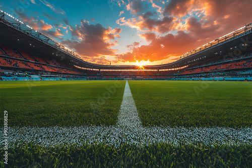 Lively football stadium with a green pitch and cloudy sky.