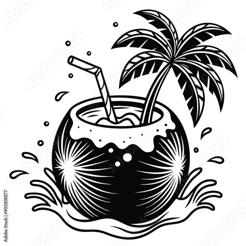 A vivid and lively illustration of a coconut on a beach, designed to be printed on a T-shirt.