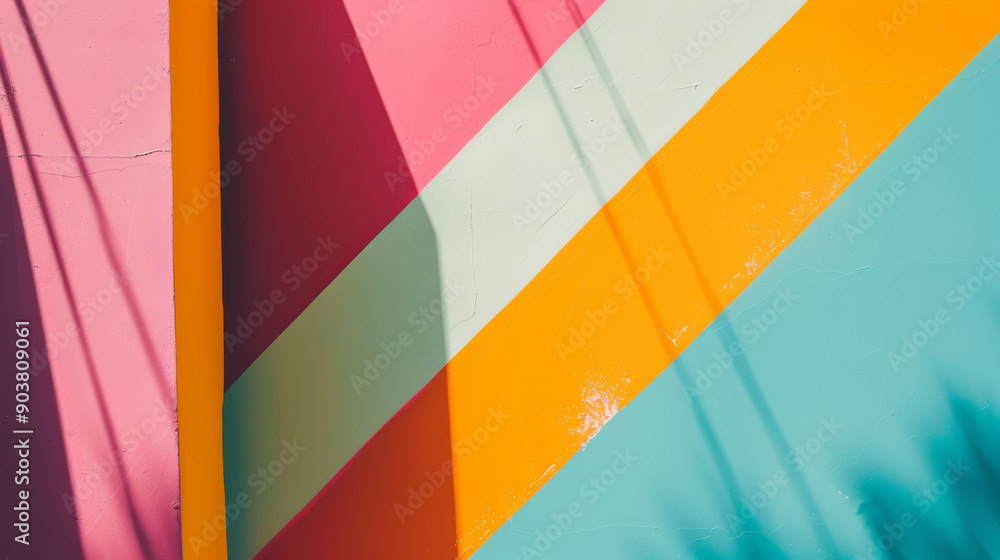 Obraz premium A vibrant wall mural with diagonal stripes of pink, orange, yellow, and teal, bringing a bold splash of color to the urban environment.
