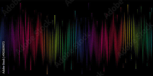 A stunning, colorful visual representation of sound waves created from multicolored dots on a black background, ideal for music and technology-related designs