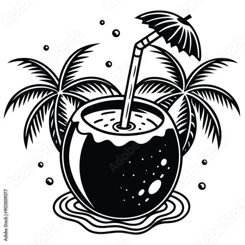 A vivid and lively illustration of a coconut on a beach, designed to be printed on a T-shirt.