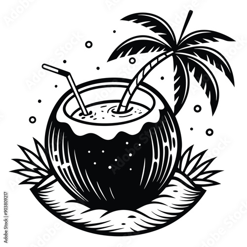 A vivid and lively illustration of a coconut on a beach, designed to be printed on a T-shirt.