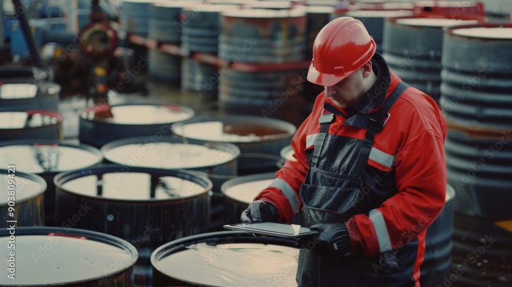 A factory worker in protective gear inspects oil barrels, reflecting the industrial atmosphere and importance of safety and precision in heavy industry. A factory worker in protective gear inspects oil barrels, reflecting the industrial atmosphere and importance of safety and precision in heavy industry.