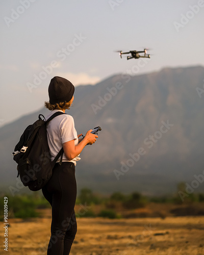 Billede på lærred Woman controlling drone with remote controller outdoors.