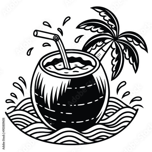 A vivid and lively illustration of a coconut on a beach, designed to be printed on a T-shirt.