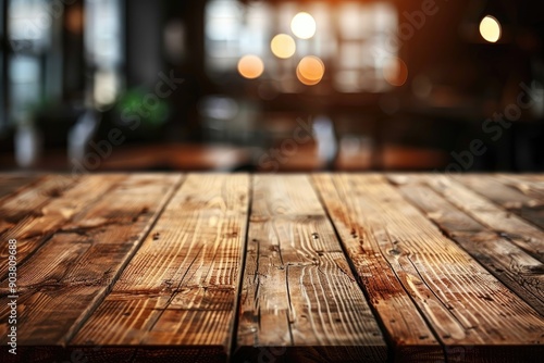 Wooden table with blurred background. This image is perfect for product placements, especially those related to food, drinks, or coffee.
