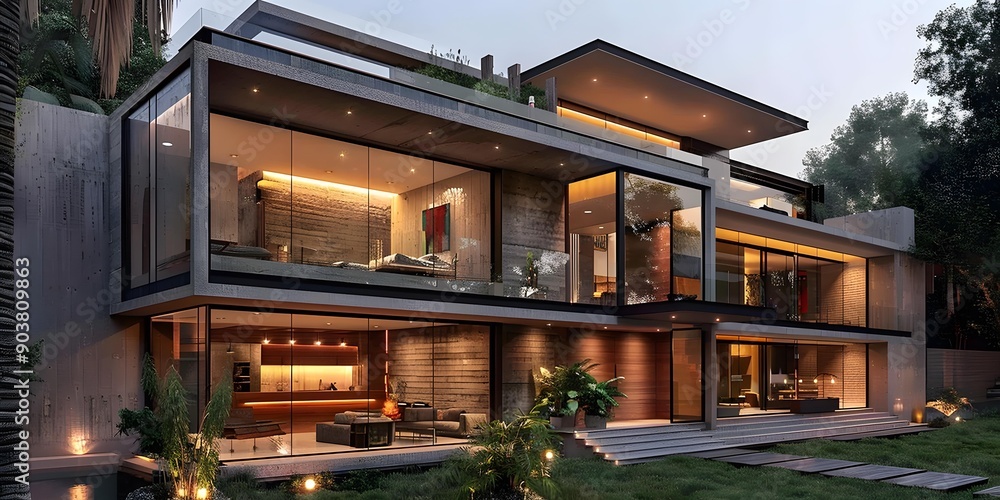 Modern Concrete House with Large Glass Windows and a Patio Modern Concrete House with Large Glass Windows and a Patio