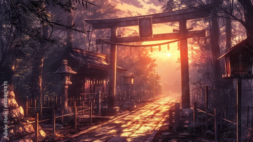Naklejka premium Scenic sunrise at a traditional Japanese Shinto shrine with Torii gate and peaceful forest surroundings bathed in golden light.