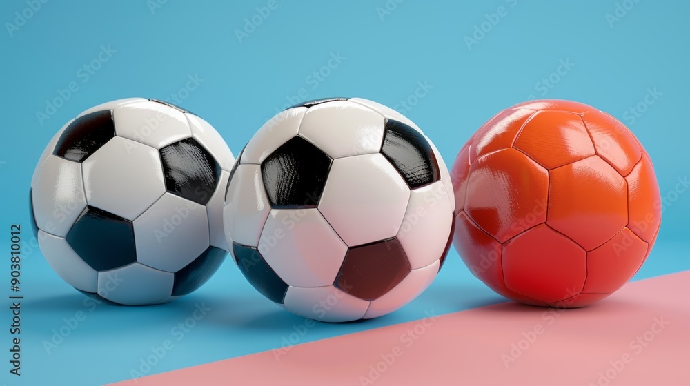 Three soccer balls are shown in a row, with one of them being red Three soccer balls are shown in a row, with one of them being red
