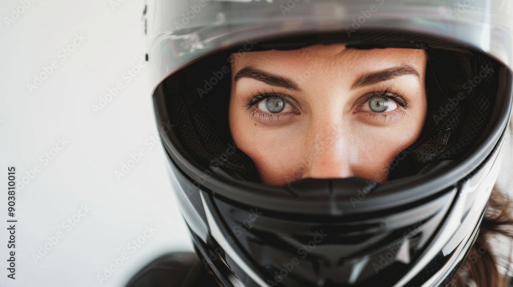 A close-up shows a determined woman with piercing green eyes wearing a black motorcycle helmet, embodying strength and focus. A close-up shows a determined woman with piercing green eyes wearing a black motorcycle helmet, embodying strength and focus.