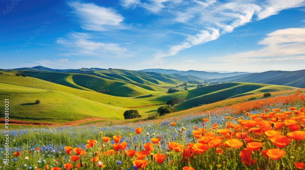 Rolling hills covered in vibrant wildflowers under a clear blue sky Rolling hills covered in vibrant wildflowers under a clear blue sky