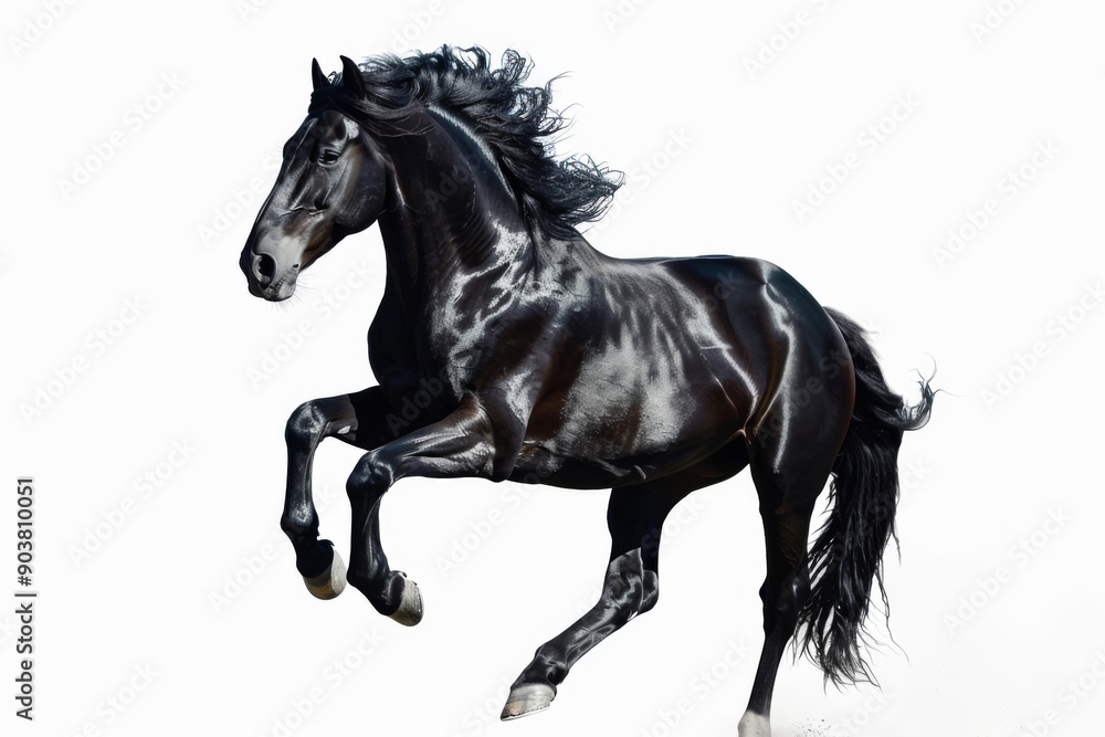 Black horse in rearing pose, standing up on hind legs isolated on white background Black horse in rearing pose, standing up on hind legs isolated on white background