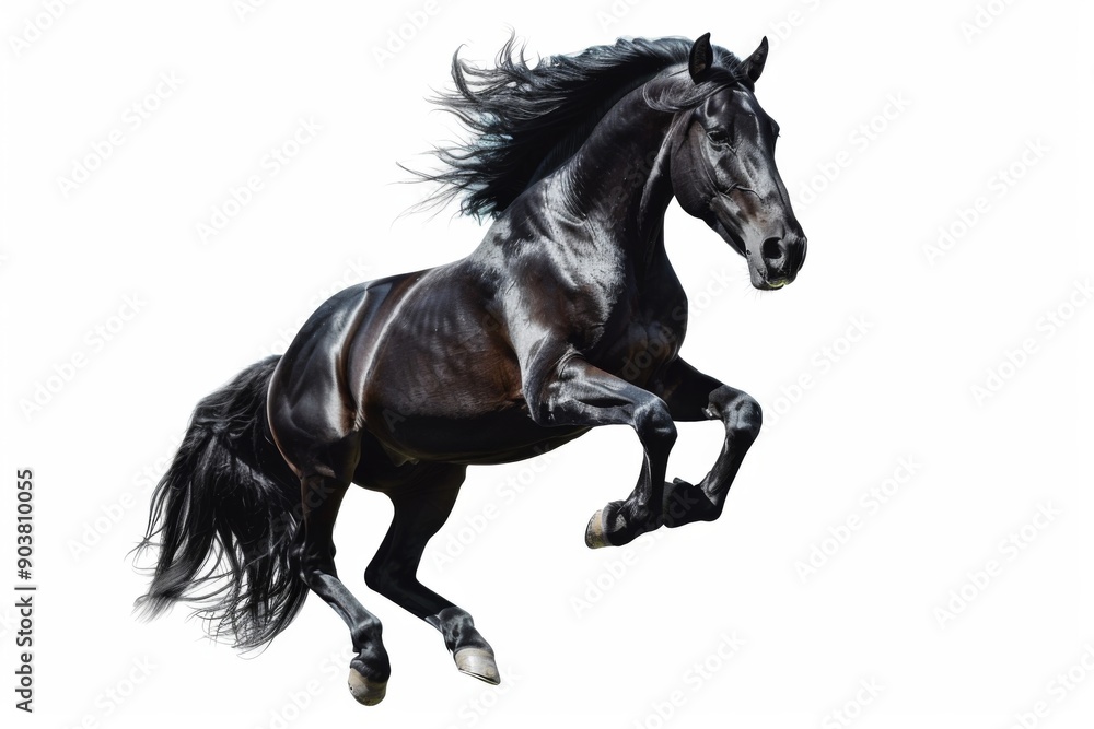 Black horse in rearing pose, standing up on hind legs isolated on white background Black horse in rearing pose, standing up on hind legs isolated on white background