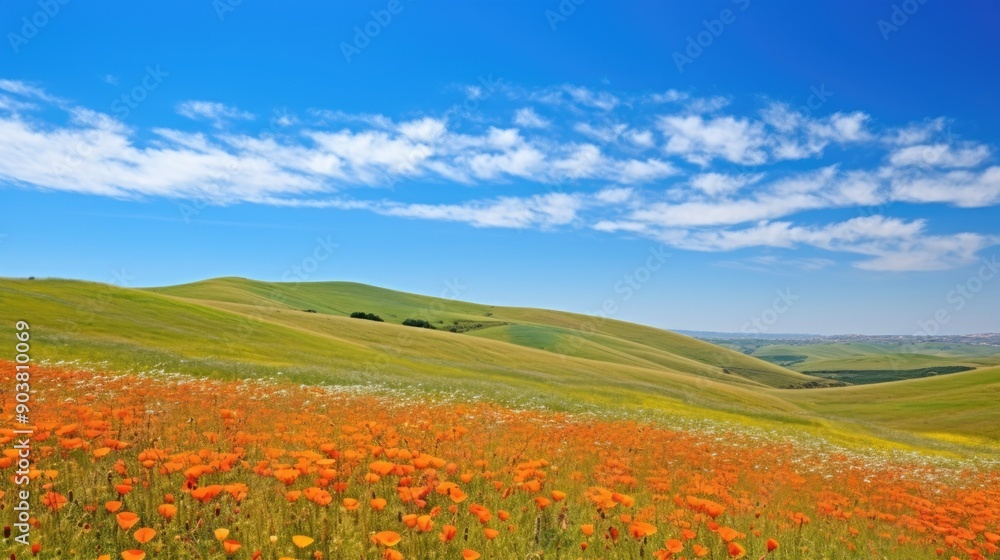 Rolling hills covered in vibrant wildflowers under a clear blue sky Rolling hills covered in vibrant wildflowers under a clear blue sky