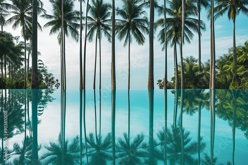 Reflection of coconut trees and sugar palm tree in turquoise color swimming pool