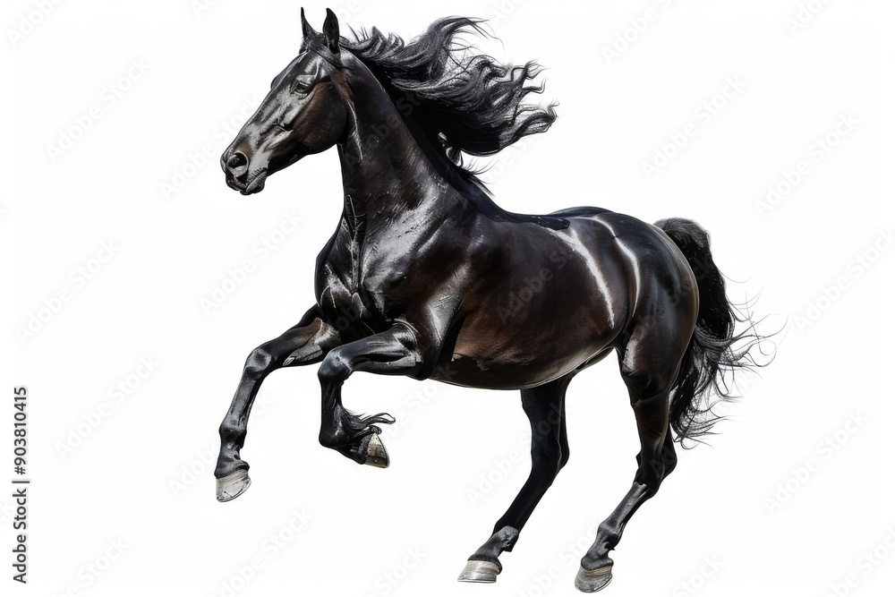 Black horse in rearing pose, standing up on hind legs isolated on white background Black horse in rearing pose, standing up on hind legs isolated on white background