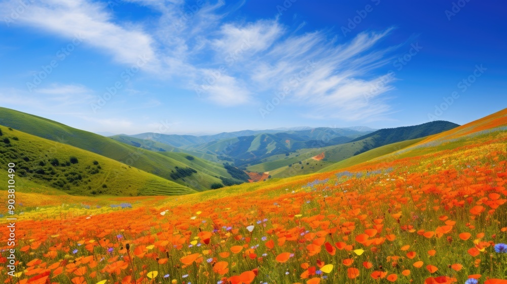 Rolling hills covered in vibrant wildflowers under a clear blue sky Rolling hills covered in vibrant wildflowers under a clear blue sky