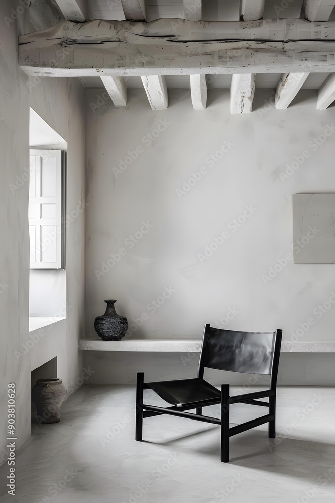 Fototapeta premium Minimalist Interior Design with a Black Leather Chair