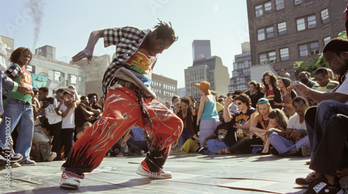 A street dancer captivates a diverse crowd with dynamic and energetic moves in an urban setting, surrounded by tall buildings and a spirited audience. photo