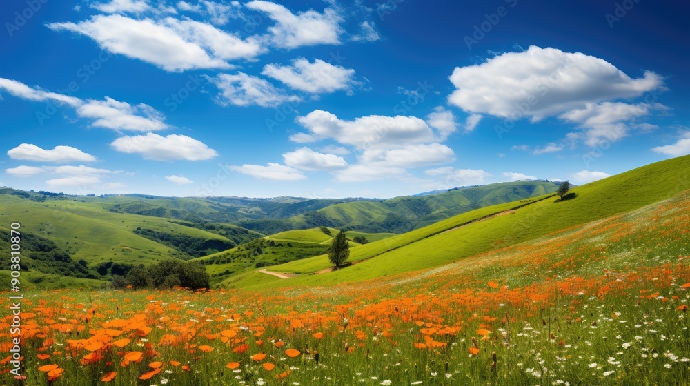 Rolling hills covered in vibrant wildflowers under a clear blue sky Rolling hills covered in vibrant wildflowers under a clear blue sky