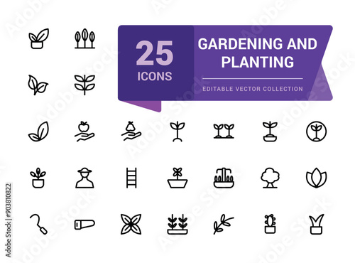 Gardening and Planting outline icons related to landscaping, farming. Linear icon collection. Editable stroke. Vector illustration.