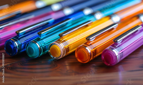 Colorful Pens on Wooden Surface Close-up