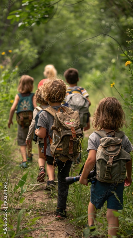 Children participating in a nature hike, backpacks and binoculars in hand Children participating in a nature hike, backpacks and binoculars in hand