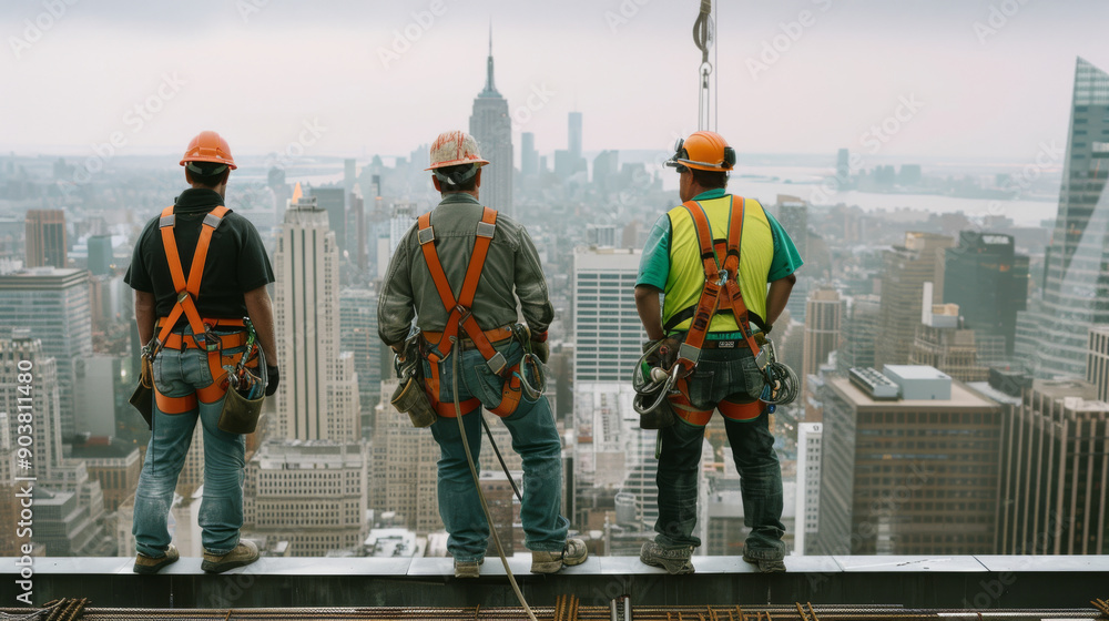 Three construction workers wearing safety gear stand on a high steel beam, overlooking an urban skyline, portraying courage and teamwork. Three construction workers wearing safety gear stand on a high steel beam, overlooking an urban skyline, portraying courage and teamwork.