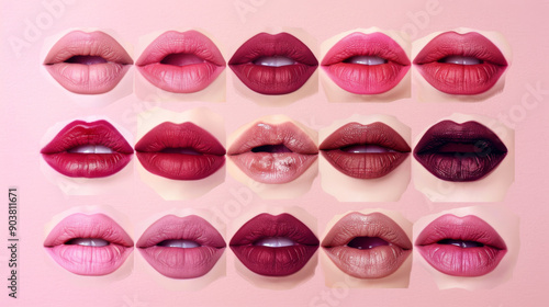 A selection of various lipstick shades displayed on a light pink background, showcasing an array of vibrant and muted colors.