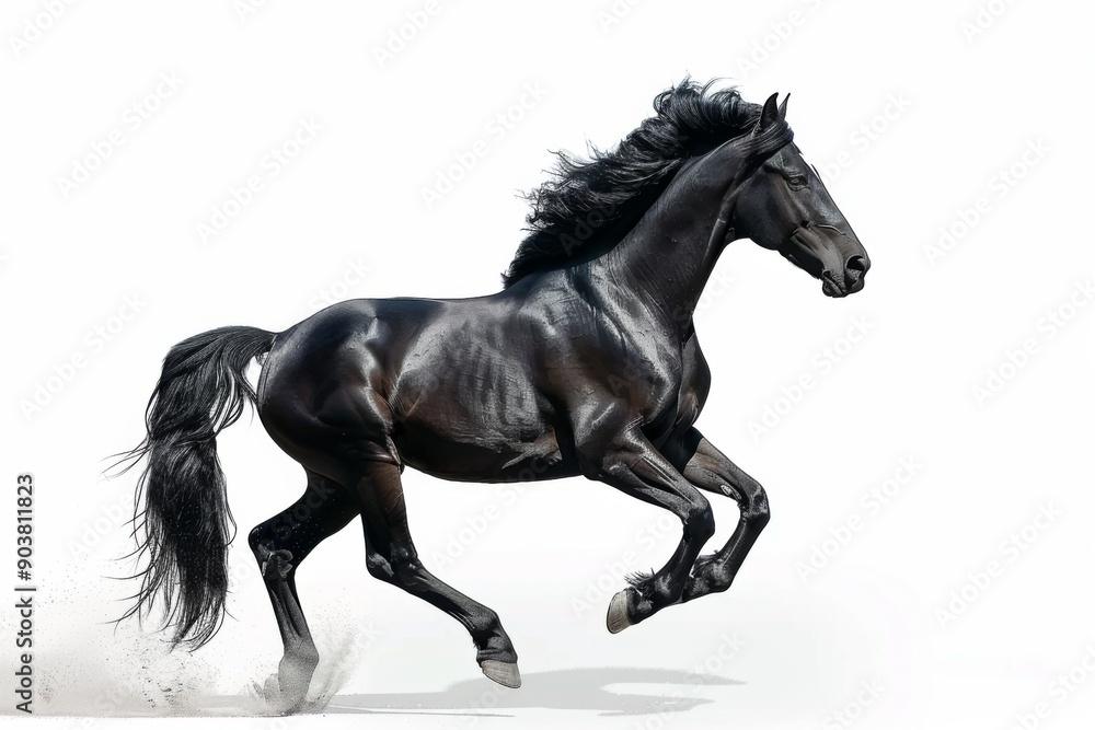 Black horse in rearing pose, standing up on hind legs isolated on white background Black horse in rearing pose, standing up on hind legs isolated on white background