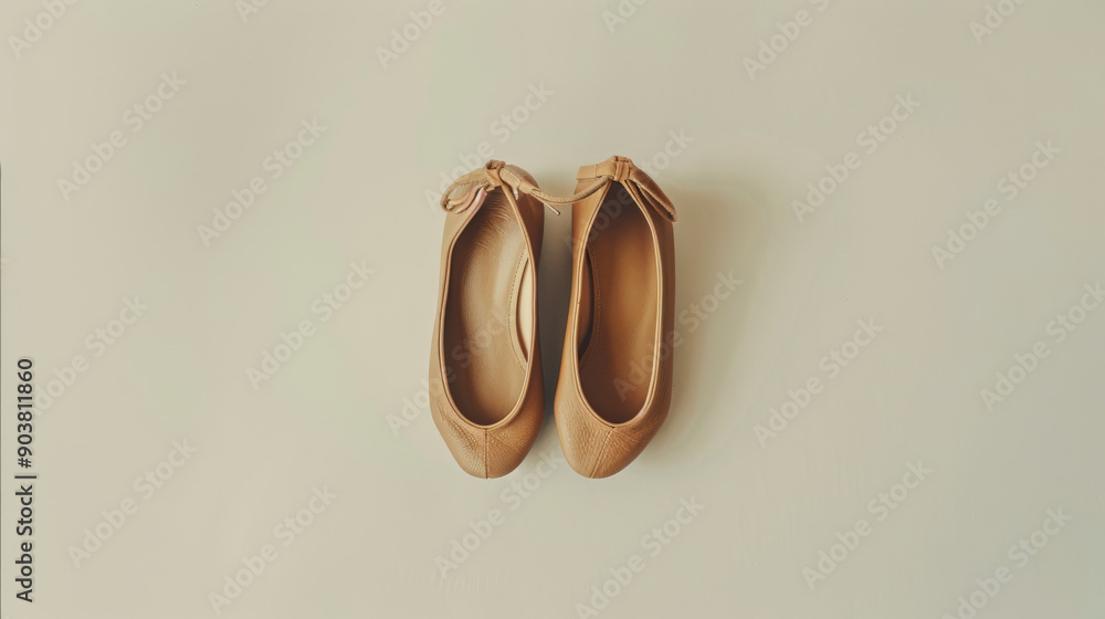 Pair of beige ballet flats arranged neatly on a plain, minimalist background, evoking a sense of comfort and simplicity. Pair of beige ballet flats arranged neatly on a plain, minimalist background, evoking a sense of comfort and simplicity.