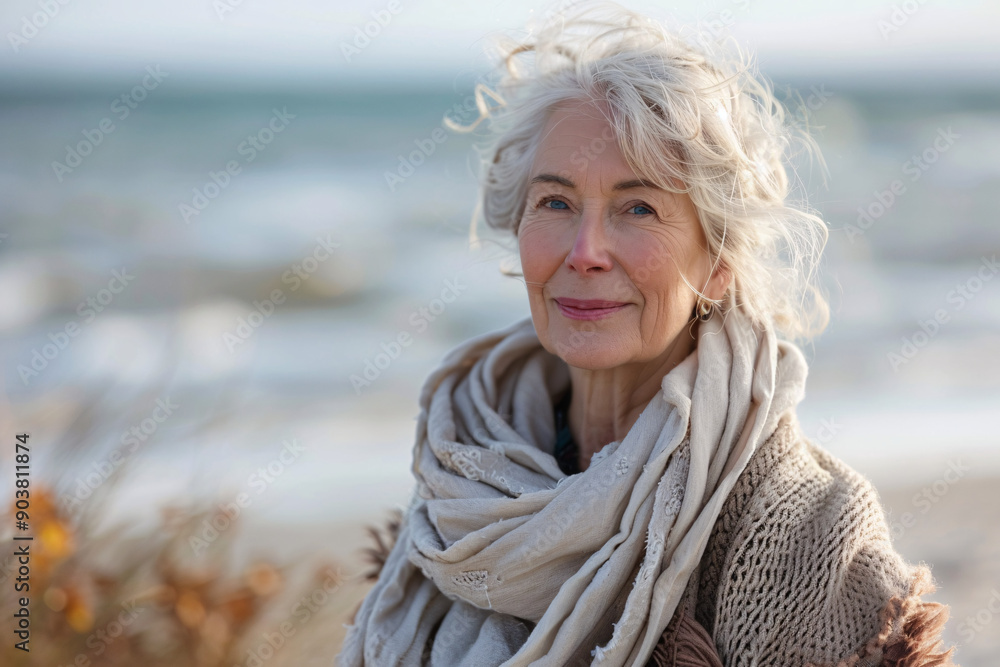 A beautiful senior woman enjoying the autumn scenery on the beach, representing leisure and nature. A beautiful senior woman enjoying the autumn scenery on the beach, representing leisure and nature.