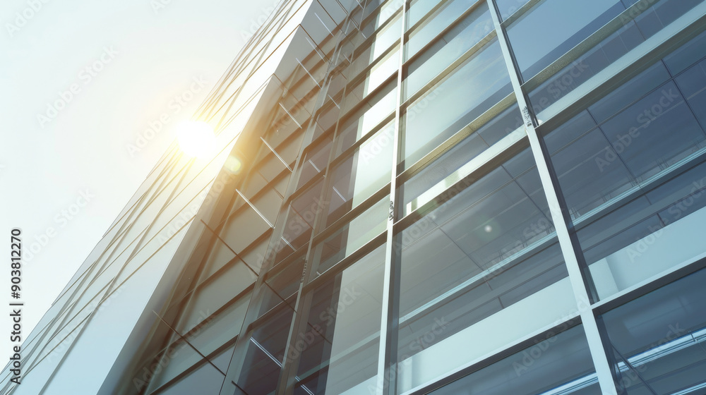 Obraz premium A sleek, modern glass building rising into the sky, reflecting sunlight and portraying an epitome of contemporary architecture.
