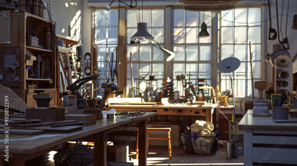 Fototapeta premium A sunlit workshop filled with various tools, materials, and unfinished projects conveys a sense of creativity and industriousness in a cozy, organized chaos.