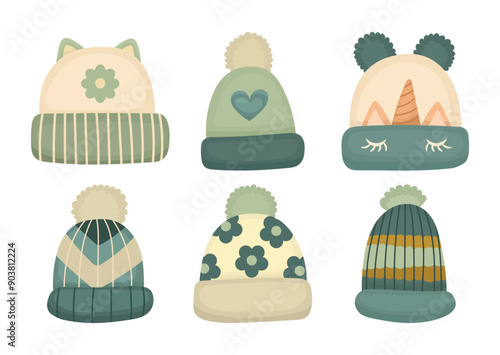 Cute collection of different hats for fall and winter, warm hats with pompoms for kids or adults, illustration