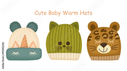 Three cute set of children's hats with different animals' faces in flat style. Cute autumn and winter set of accessories illustration