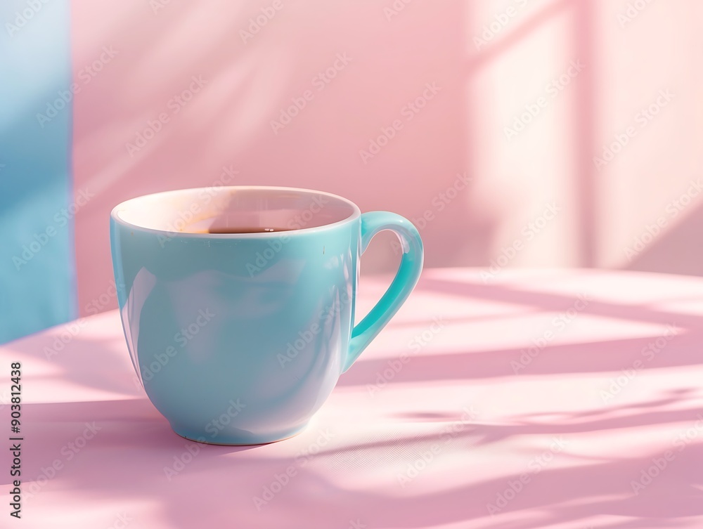 Cyan coffee cup, pink table, pastel background, wide-angle, natural light, modern web design style. Cyan coffee cup, pink table, pastel background, wide-angle, natural light, modern web design style.