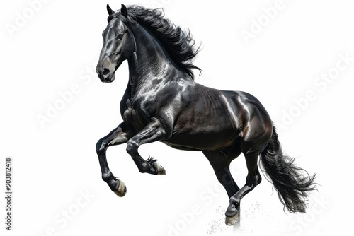 Black horse in rearing pose, standing up on hind legs isolated on white background