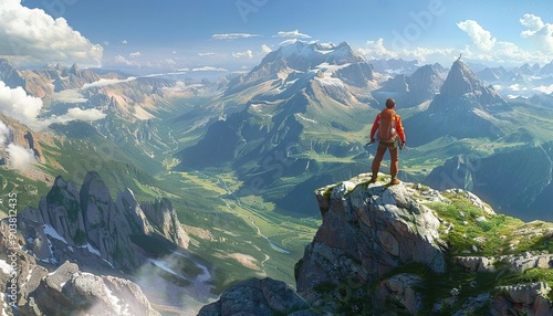 A hiker stands on a mountain peak, overlooking a vast and beautiful valley. The image symbolizes achievement, exploration, and the awe-inspiring beauty of nature. Perfect for adventure and motivationa photo