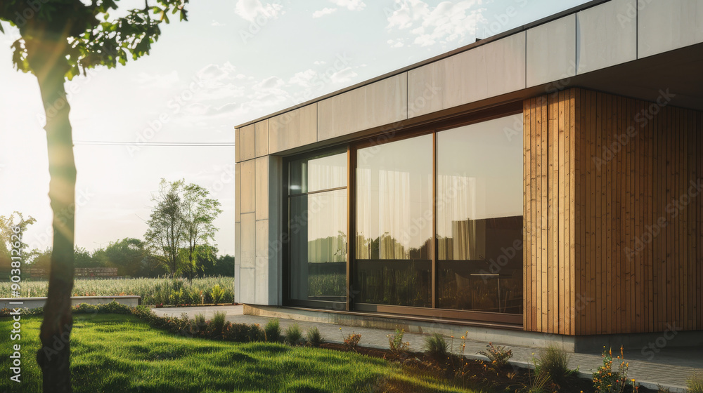 A modern house with large glass windows and wooden paneling basks in the warm light of a setting sun, surrounded by a neatly landscaped garden. A modern house with large glass windows and wooden paneling basks in the warm light of a setting sun, surrounded by a neatly landscaped garden.