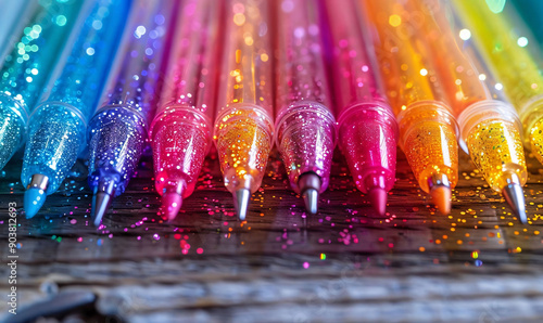 Glitter Gel Pens Arranged in Rainbow Order
