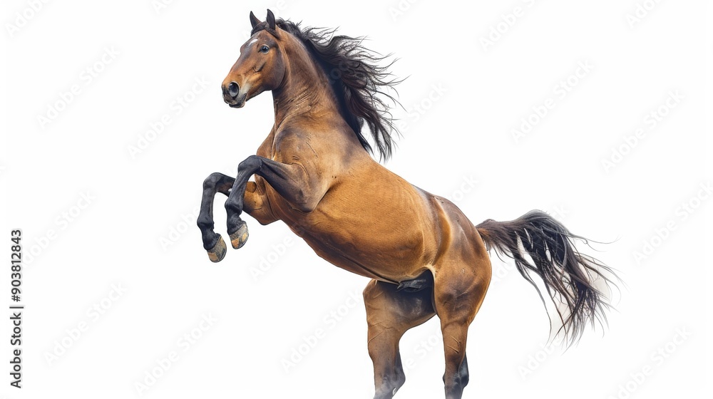 Naklejka premium Brown horse in rearing pose, standing up on hind legs isolated on white background