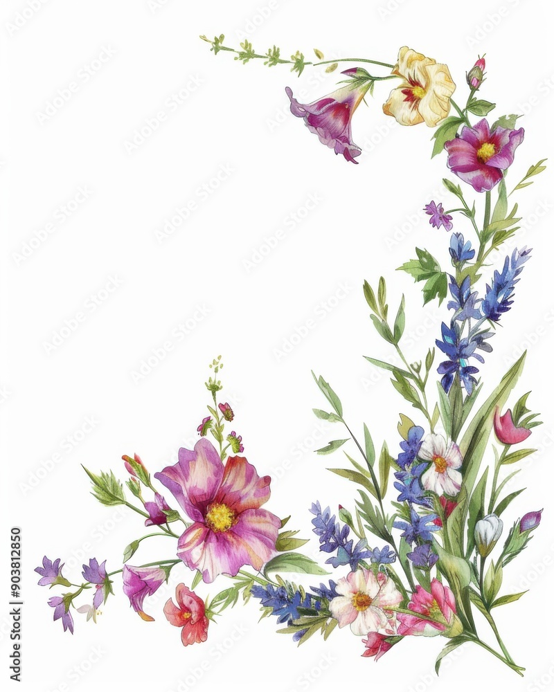 Wedding Monogram. Watercolor Crest with Wild Flowers and Hand-drawn Border Wedding Monogram. Watercolor Crest with Wild Flowers and Hand-drawn Border