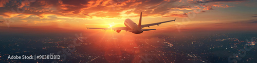 Airplane Flying into the Sunset