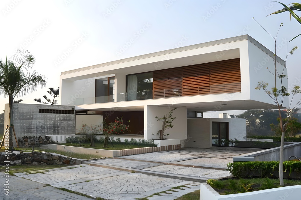 Modern Minimalist White House Exterior with Wooden Panels Modern Minimalist White House Exterior with Wooden Panels