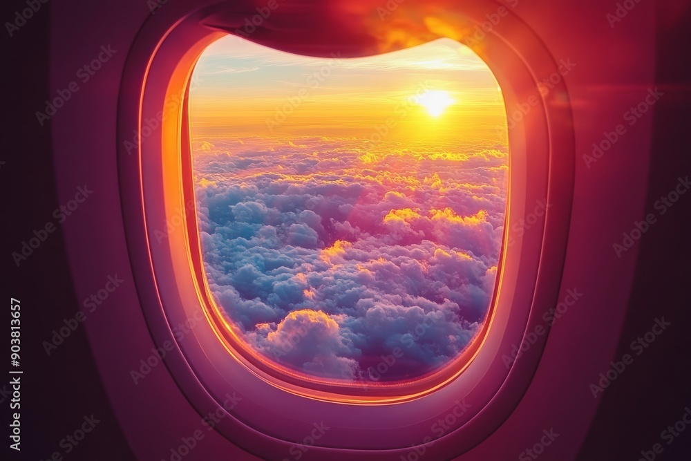View from an airplane window of a beautiful sunset, colorful clouds in the sky View from an airplane window of a beautiful sunset, colorful clouds in the sky