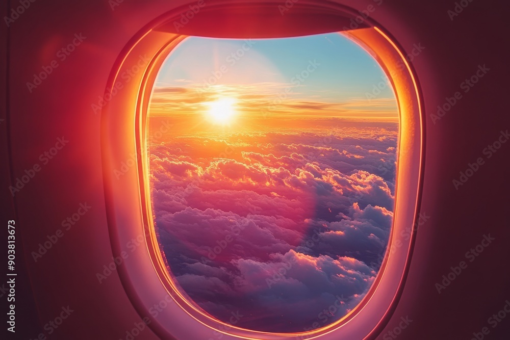 View from an airplane window of a beautiful sunset, colorful clouds in the sky View from an airplane window of a beautiful sunset, colorful clouds in the sky