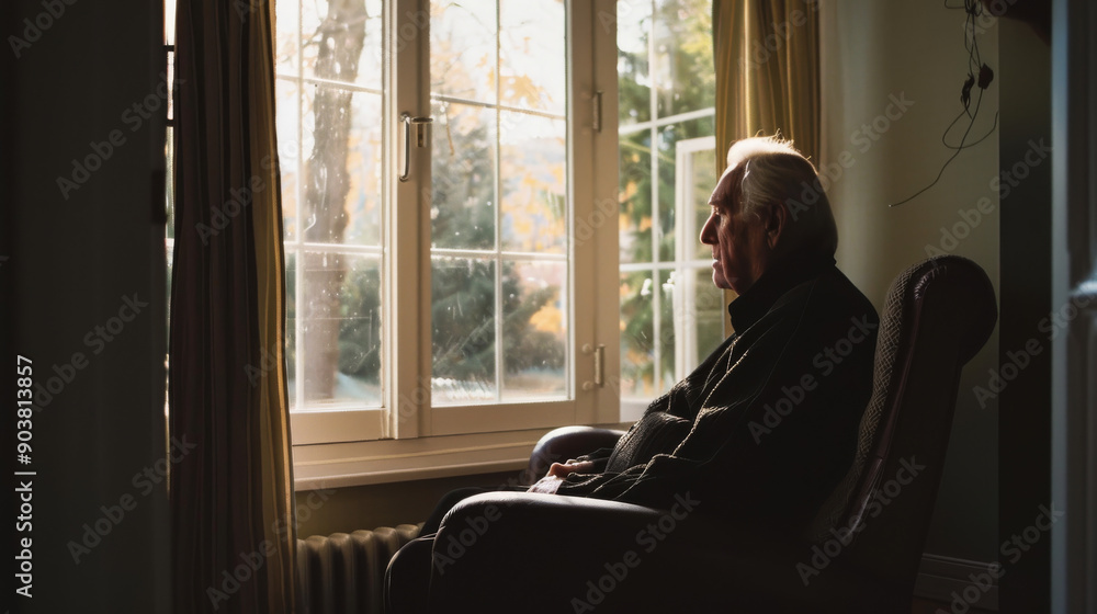 An elderly man sits in a softly lit room, gazing pensively out a window with warm sunlight casting gentle shadows, creating a serene and reflective atmosphere. An elderly man sits in a softly lit room, gazing pensively out a window with warm sunlight casting gentle shadows, creating a serene and reflective atmosphere.