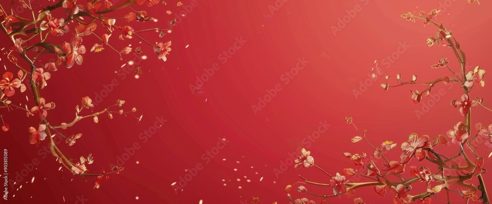 Red background, vector illustration, gold line drawing style with small flowers on the left and right sides of the picture Red background, vector illustration, gold line drawing style with small flowers on the left and right sides of the picture